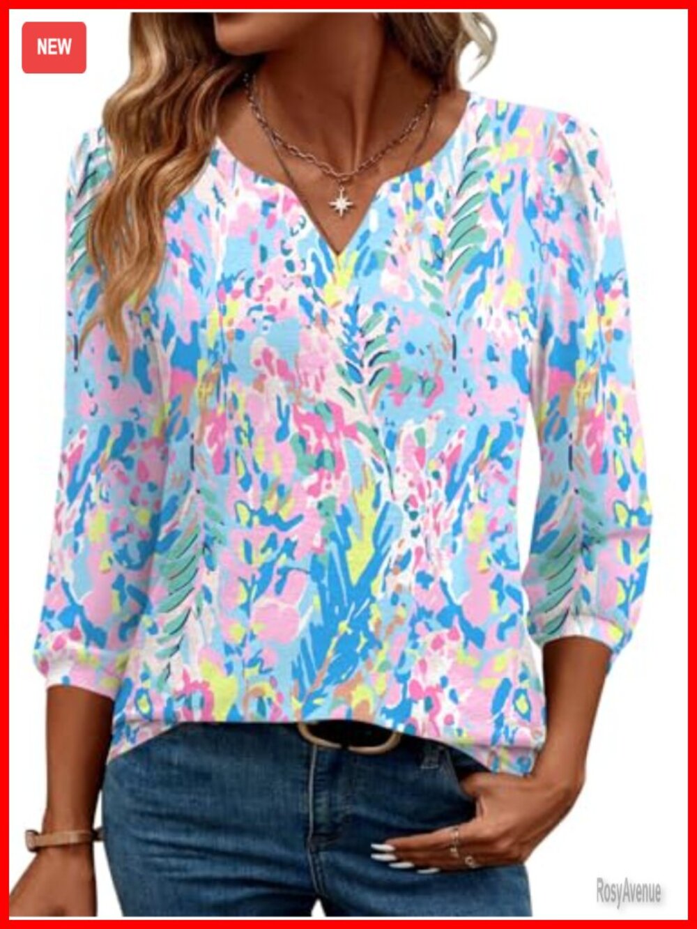 Women's 3/4 Sleeve Puff Blouse Loose Fit Dressy Top